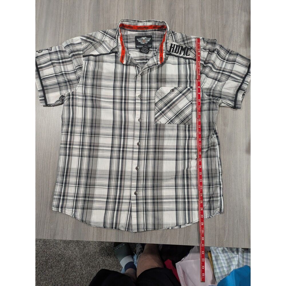 Harley Davidson Short Sleeve Plaid Button Up Shirt HDMC Graphic B&W Men's XL - Picture 2 of 8